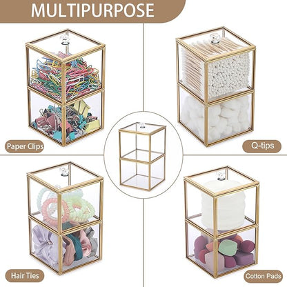 Hipiwe Glass Qtip Holder Dispenser with Lid 2-Tier Stackable Bathroom Containers Cotton Ball & Swab Holder Vanity Organizer Jars Gold for Makeup Pads