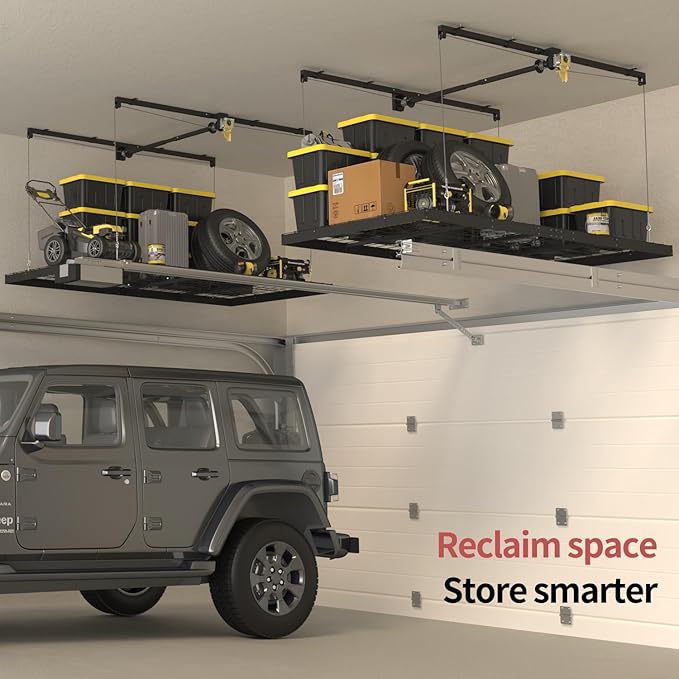 Garage Ceiling Storage Racks – 4x8 FT Overhead Garage Storage Rack with Safety Lock, Heavy-Duty Ceiling Mounted Lift System and Storage Organizer, Ideal for Maximizing Overhead Space, 325 lbs Capacity
