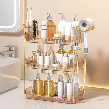 3-Tier Bathroom Countertop Organizer - Amber Acrylic Vanity Trays with Hair Dryer & Toothbrush Holder - Luxury Skincare, Perfume & Makeup Storage Rack for Countertop, Dresser & Cabinet