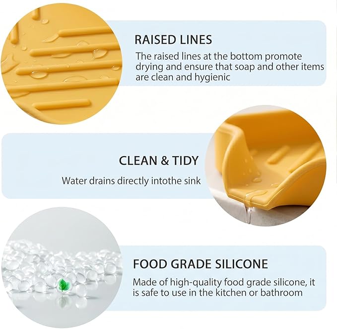 MicoYang Silicone Bathroom Soap Dishes with Drain Spout-Bathroom and Kitchen Sink Organizer,Sponge Holder,Dish Soap Tray,Perfect for Dispenser,Scrubber,Bottle,Cup on Sink or Counter-Yellow 4.9"×3.2"