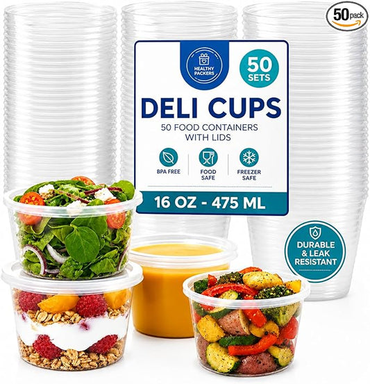 Healthy Packers 50 Set 16 oz Plastic Deli Containers with Lids – Clear Plastic Containers with Lids for Food – BPA Free, Leakproof, Stackable, Microwave & Freezer Safe