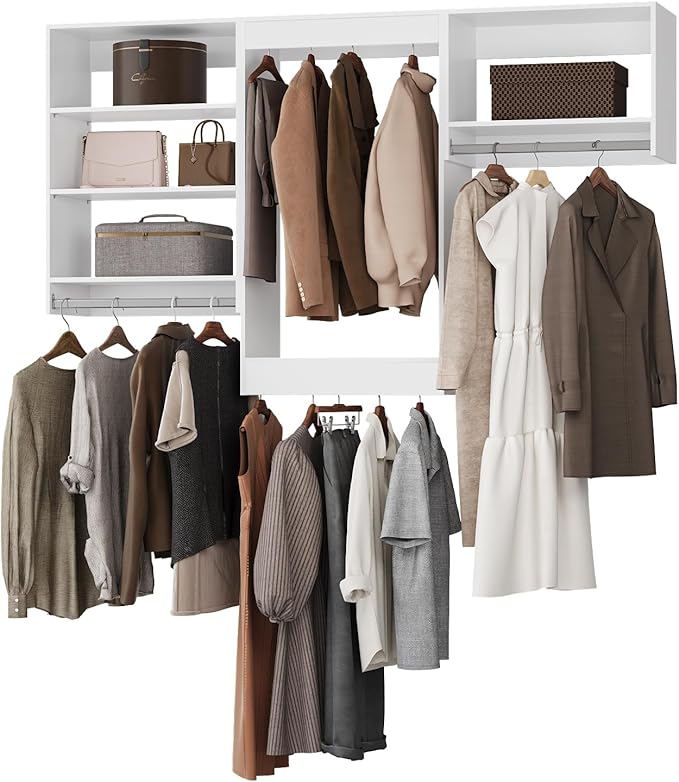 ROOMTEC Modular Closet System, 84" Closet Organizer with Hanging Rods, Wall-Mounted Wooden Tower for Walk-In Closets, Wardrobe Storage Kit, White