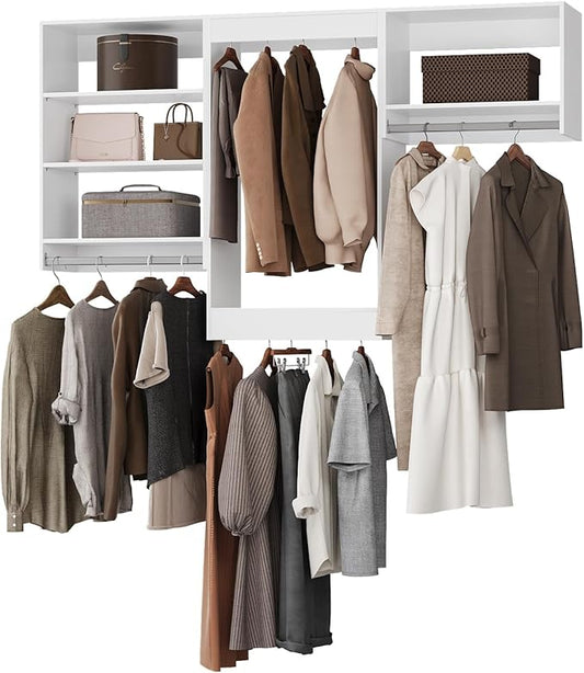 ROOMTEC Modular Closet System, 72" Closet Organizer with Hanging Rods, Wall-Mounted Wooden Tower for Walk-In Closets, Wardrobe Storage Kit, White