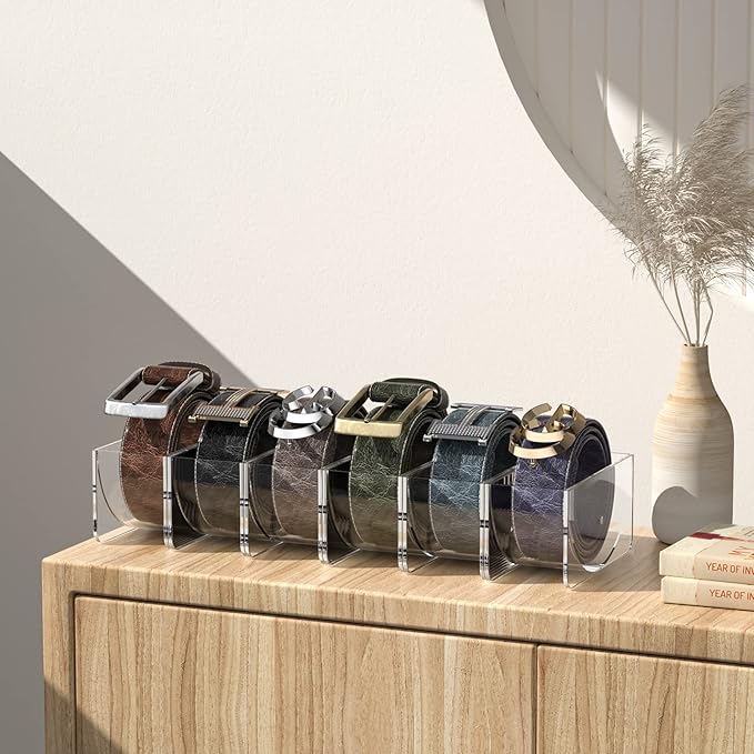 Belt Organizer, KDSKSC 6 Pack Acrylic Belt Storage Holder with Magnet, Detachable Storage Belt Container Clear Display Case for Closet and Drawer Belts Tie Bow Tie