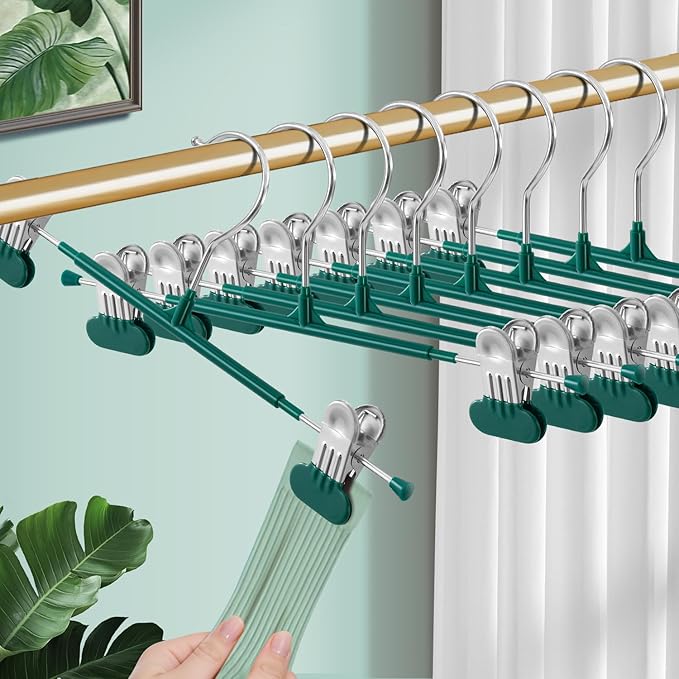 14Inch Clothes Pants Hangers with WideClips 10 Pack,Non-Slip Adjustable Skirt Hanger for Women,Space-Saving Heavy Duty Men Hangers for Pants,Trousers,Jeans,Shorts,Green
