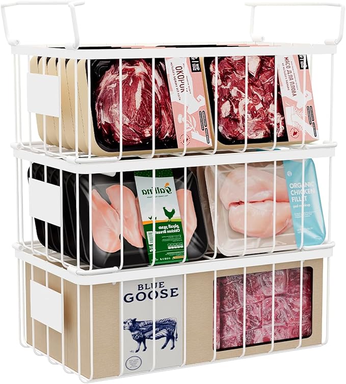 Freezer Storage Organize Baskets - 3 Pack Stackable Deep Freezer Organizer Bins for Most 7 Cu.FT Chest Freezer with Handles, Sturdy but Light, Metal Coated, Add Space, Easy to Reach