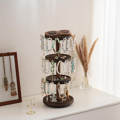 Lolalet 4 Tier Bracelet Holder, Wooden Rotating Bangle Display Stand with 42 Hooks and Tray Base, 360 Degrees Rotatable Rustic Tree Storage for Bracelets Key Chains Small Accessories -Darkbrown