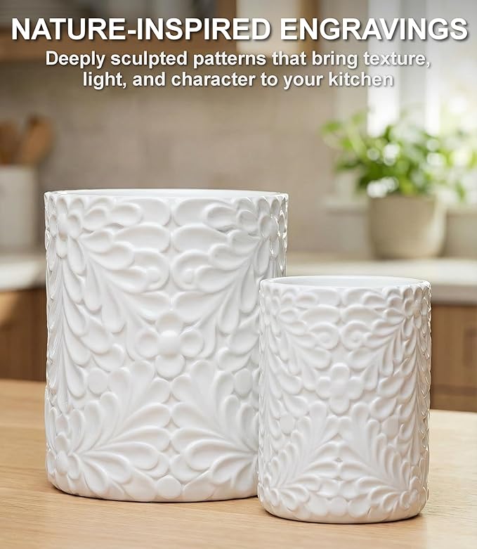 25DOL Large 7.3"+5.4" Engraved Ceramic Utensil Holder for Countertop, Cooking Utensils Organizer for Spatula, Large Utensils Crock for Kitchen Counter, Kitchen Decor, set of 2, White