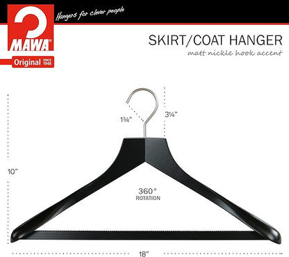 MAWA by Reston Lloyd, European Wooden Hanger, Beech Wood Body Form Hanger with Wide Supportive Shoulders, Rotating Chrome Hook, Black Finish, for Shirts, Blazers, Pants, Dress Clothes, Set of 2