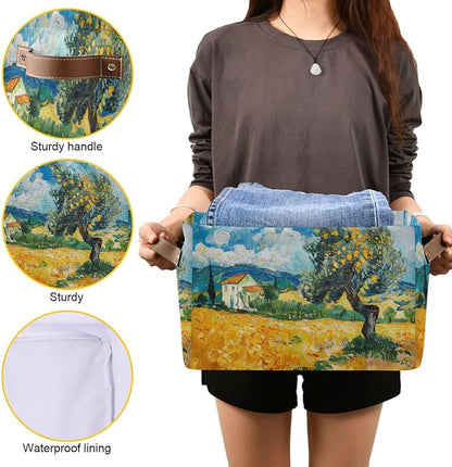 Large Storage Basket Tree Field Farmhouse Painting Storage Bin Cube Canvas Fabric Organizer Handles Collapsible for Clothes Toys Bedroom Decorative
