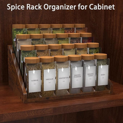 4 Step Spice Rack Organizer for Cabinet, Robust Wooden Display Riser Shelf Seasoning Organizer for Countertop Cupboard Pantry, Condiment Jar Kitchen Storage Holder Super Sturdy Stand, Rusitc Brown