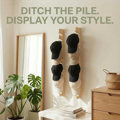 2 Pack Solid Pine Wood Hat Rack for Wall - Heavy Duty Wall Mounted Organizer Holds 20 Baseball Caps, Secure Screw Installation, 10-Slot Vertical Display for Closet, Bedroom, Entryway & Laundry Room