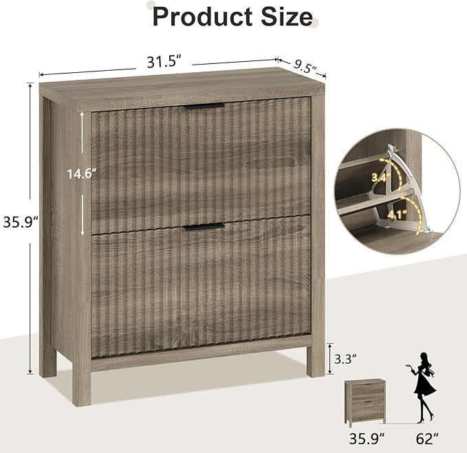 YOMILUVE Shoe Cabinet Storage for Entryway, Fluted Shoe Cabinet with 2 Flip Drawers, Hidden Shoe Rack Tall Freestanding Shoe Organizer with Legs for Hallway, Gray