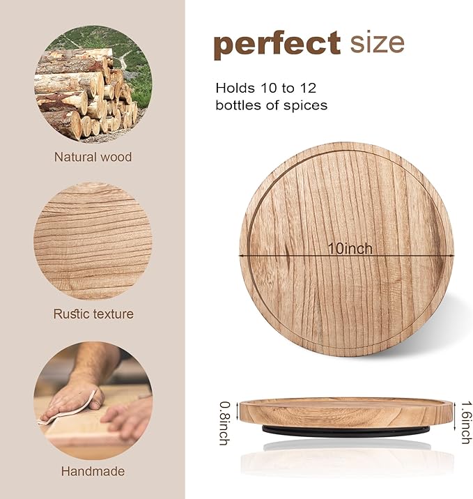 Wood Lazy Susan Organizer Kitchen Turntable for Cabinet Farmhouse Bathroom Decor Round Decorative Tray for Vanity, Counter, Sink, Coffee Table, 10 Inch, Brown
