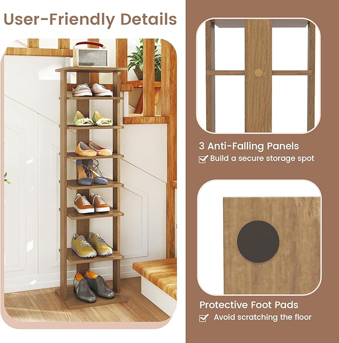 Tangkula 8-Tier Vertical Shoe Rack, Space-Saving Corner Shoe Organizer for 7 Pairs, Narrow Shoe Storage for Entryway, Front Door, or Closet