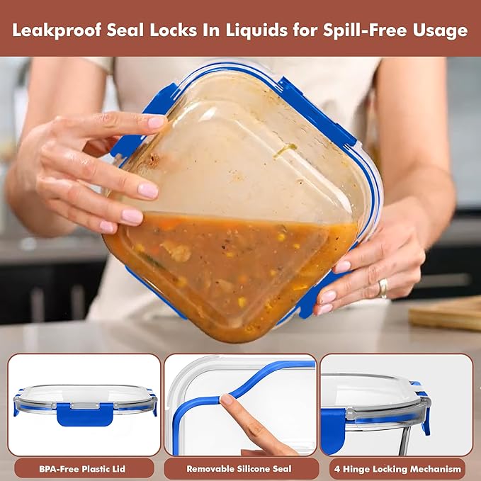 Razab 2 PC 1200ML / 41 Oz Glass Food Storage Containers with Lids - Airtight & Leakproof - Microwave/Oven/Freezer Safe - BPA Free - Ideal for Meal Prep, Storing Leftover & Lunch