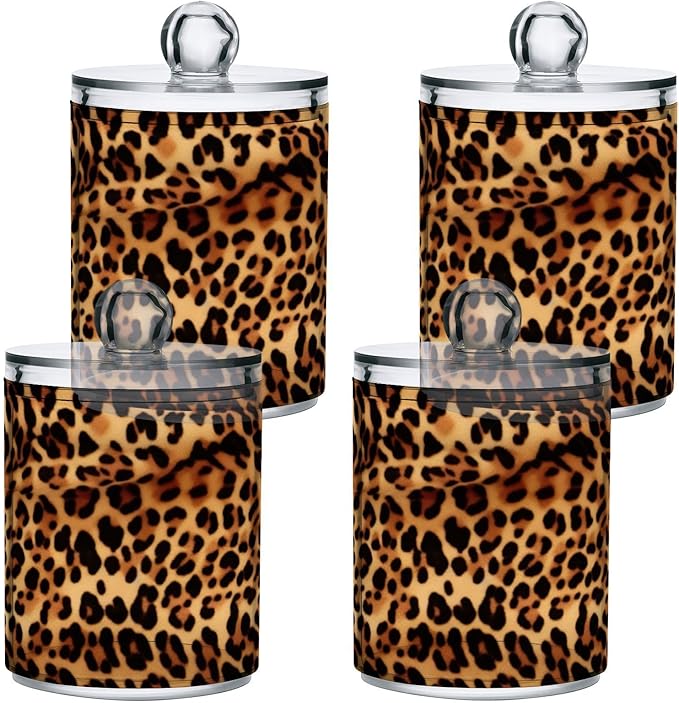 Kigai Leopard Print Qtip Holder - 14OZ Clear Plastic Apothecary Jars Bathroom Canister Dispenser Organizer Vanity Storage Jar with Lid for Cotton Ball, Cotton Swab, Floss (4PACK)