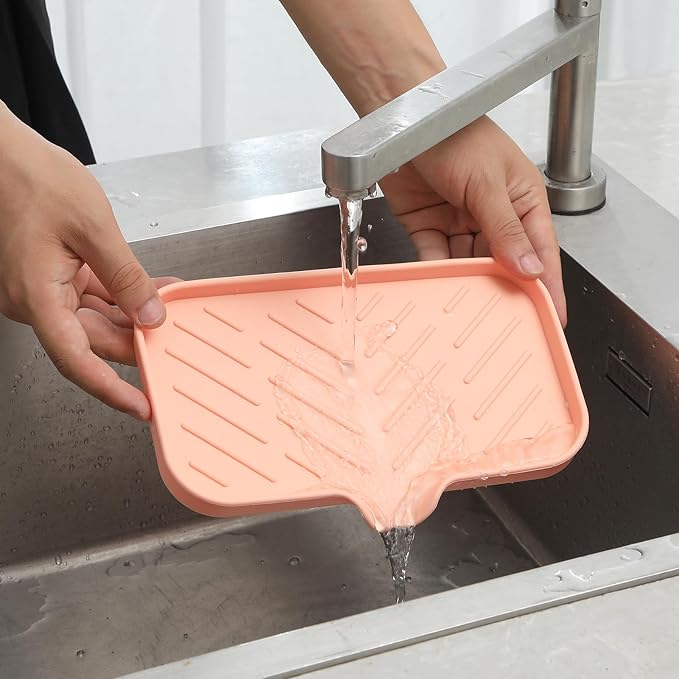 MicoYang Silicone Bathroom Soap Dishes with Drain Spout-Bathroom and Kitchen Sink Organizer,Sponge Holder,Dish Soap Tray,Perfect for Dispenser,Scrubber,Bottle,Cup on Sink or Counter-Pink 9.6"×5.3"
