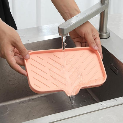MicoYang Silicone Bathroom Soap Dishes with Drain Spout-Bathroom and Kitchen Sink Organizer,Sponge Holder,Dish Soap Tray,Perfect for Dispenser,Scrubber,Bottle,Cup on Sink or Counter-Pink 9.6"×5.3"