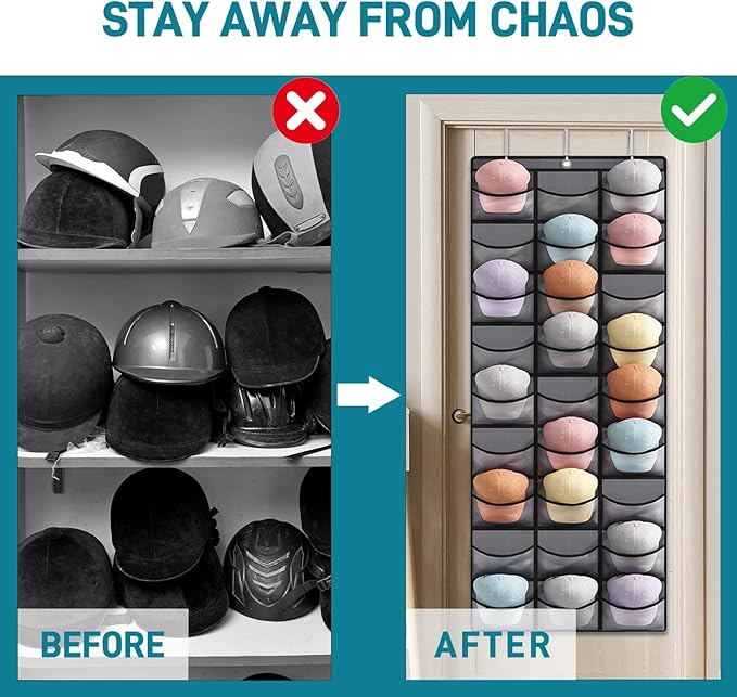 Fixwal Hat Organizer for Baseball Caps, 27 Pocket Over The Door Hat Storage Closet Holder Hanger, Clear Deep Pockets, Baseball Hat Rack for Wall Door with 3 Hooks, Grey