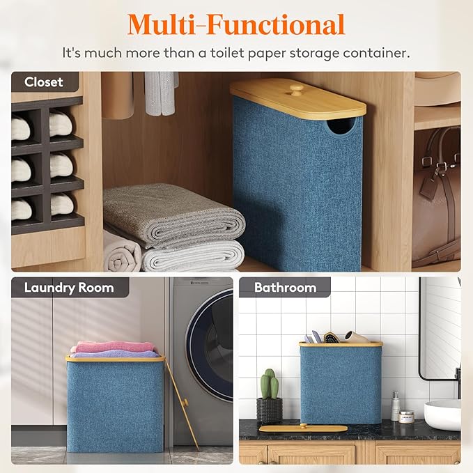 Lifewit Toilet Paper Storage Holder for 12 to 16 Rolls, Free Standing Toilet Paper Basket Stand with Bamboo Lid, Collapsible Fabric Bathroom Organizer Box for Mega Rolls, 30L, Extra Large, Dark Blue