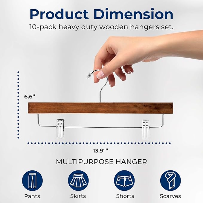 SereneLife 10 Pack Skirt and Pant Hanger with Adjustable Non-Slip Steel Clips, Premium Wooden, 360° Swivel Hook & 10 lb Capacity – Space-Saving Heavy-Duty Hangers for Jeans, Shorts & Slacks (Brown)