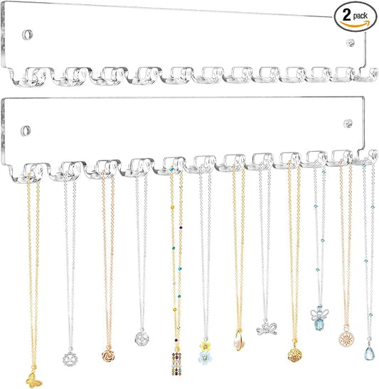 Acrylic Necklace Holder 2 Pack Wall Mounted Necklace Organizer Hanging Jewelry Organizer with 12 Hooks for Necklaces, Bracelets, Rings and Bangles Display