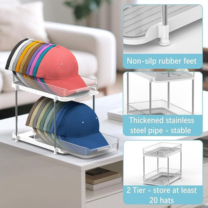 Gomyrod Hat Rack for Baseball Caps, 2-Tier Clear Hat Organizer for Closet Space Saving Hat Storage Holds up to 20 Caps, Pull-Out Cabinet Organiser with Track for Closet & Bedroom