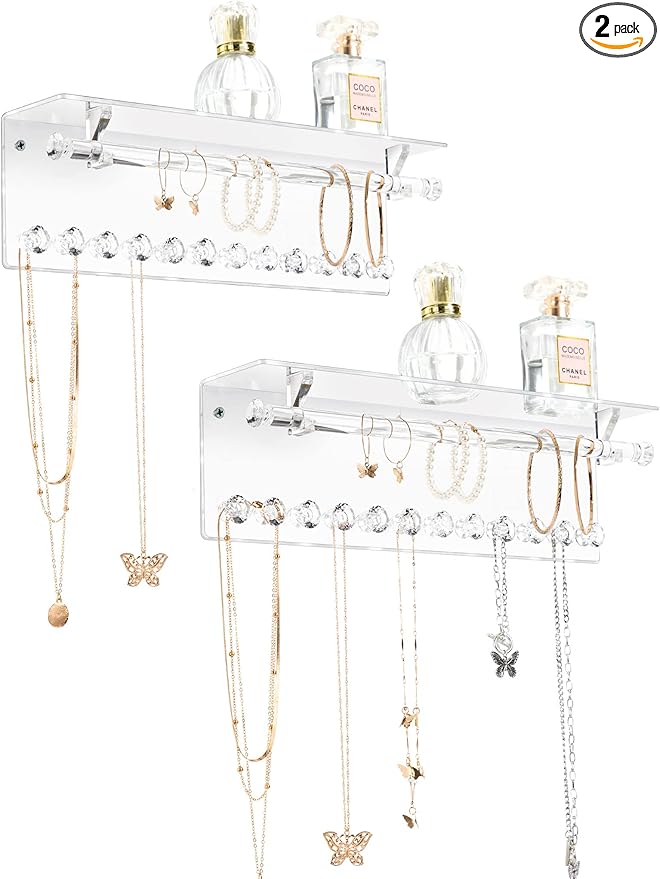 Mymazn 2 Pack Acrylic Necklace Holder with Shelf, 12 Diamond Shape Hooks and Removable Bracelet Rod, Wall Mounted Jewelry Organizer Hanging Rack Clear Jewelry Hangers