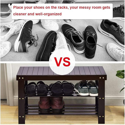 GOFLAME Shoe Bench Rack, 2-Tier Bamboo Seat Storage Shelf, Free Standing Shoe Storage Bench with Stylish and Modern Design, Shoe Organizer for Décor Entryway, Hallway, Living Room, Bathroom (Black)