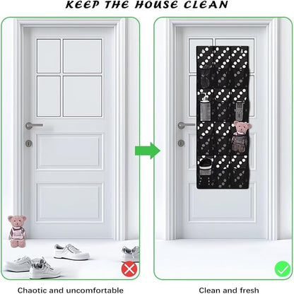 12-Pocket Waterproof Oxford Cloth Storage Hanging Bag Behind The Door, Foldable Large Capacity Organizer for Bathroom Closet Bedroom and Pantry Door, Dots Print Black