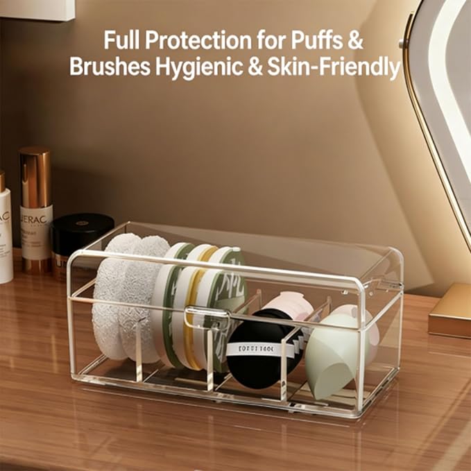 Cotton Swab Holder Dispenser with Lid,4 Compartments Clear Acrylic Makeup Brush Organizer Dust proof Large Capacity Cosmetic Tool Storage Box for Bathroom Brushs,Puffs,Beauty Sponges Vanity Essentials