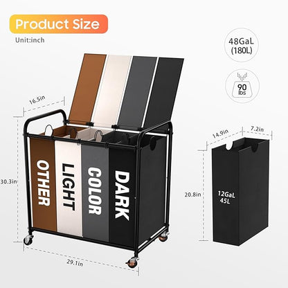Laundry Sorter 4 Sections 48 Gal, Rolling Laundry Basket with Lockable Wheels and Lid, Laundry Hamper with 4 Separated Removable Bags Dirty Clothes Hamper for Laundry Room, Multicolor