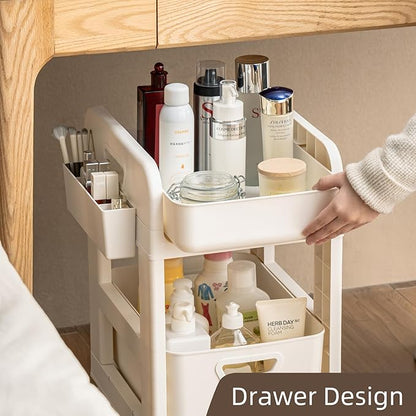 Rolling Makeup Organizer Cart with Removable Drawer, 2 Tier Stable White Floor Skincare Storage Cart for Vanity, Cosmetic Display, Nail Polish, Perfume, Hair Stuff, Beauty, Bathroom (2 Tier White)