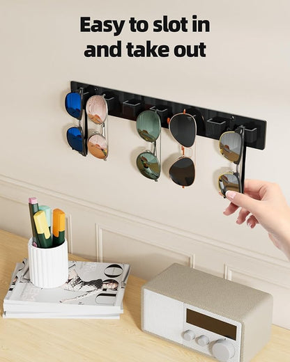 MaxGear Sunglasses Organizer Wall Mount, 2-Pack Acrylic Eyewear Display Holder with 14 Slots, Sunglasses Storage, Includes Adhesive Tape & Screws, Black Wall Mounted Shelf for Closet, Cabinet, Door