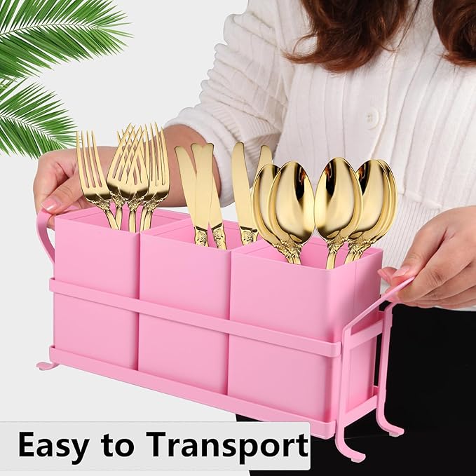 NelyBet Metal Silverware Caddy,3 Compartment Utensil Holder With Metal Rack,Utensil Caddy Flatware Cutlery Organizer for Countertop Party Picnic Camping Outdoor Pink