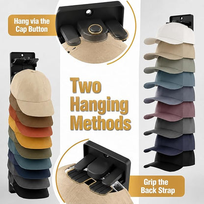 2 Pack Hat Organizer for Baseball Caps Wall Mounted, Hat Rack & Hat Holder with Strong Adhesive or Screws, Spring Clips Secure Hold, Space Saving Hat Organizer for Door, Closet or Entryway