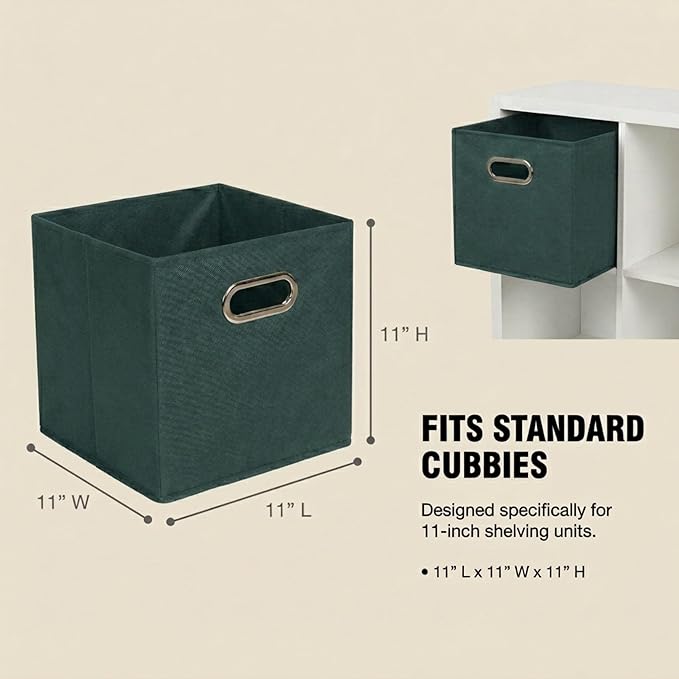 Household Essentials Foldable Fabric Storage Cubes 6-Pack – 11x11x11 Stackable Non-Woven Bins with Chipboard Sides & Grommet Handles – Closet, Shelf, Nursery, or Office Organizer – Dark Green