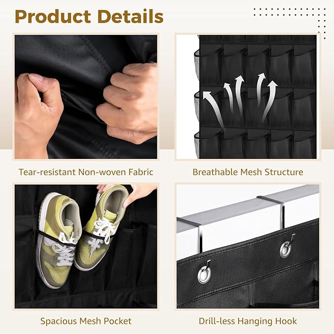 3 Pcs Over the Door Shoe Organizers, 35 Pockets Large Hanging Storage Bags, Space-saving Non-Woven Mesh Shoe Racks, Hanging Storage Holders for Shoes, Boots, 27.5×65", Fits Standard Doors