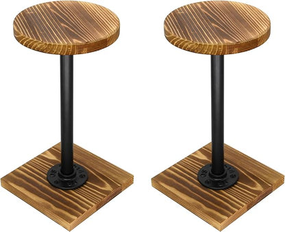 Owlgift Rustic Burnt Wood Hat Stand and Wig Display Rack, 2pcs 11.2” Hat Stands with Industrial Metal Pipe for Display, Square Barbell Base Display, Hat Rack Stand for Display Jewelry Watch Ring Bracelet Helmet