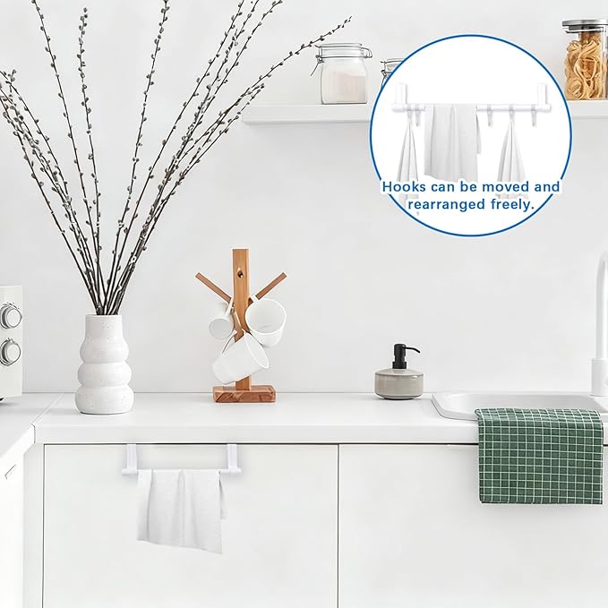 INCREWAY 2Sets Towel Holder, Over Cabinet Door Towel Rack with Hooks, Multi-Purpose Kitchen Towels Rack and Hanger Organizer for Sink Bathroom Pantry Door (White)