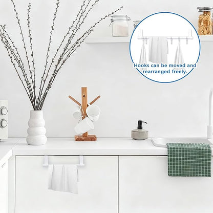 INCREWAY 2Sets Towel Holder, Over Cabinet Door Towel Rack with Hooks, Multi-Purpose Kitchen Towels Rack and Hanger Organizer for Sink Bathroom Pantry Door (White)