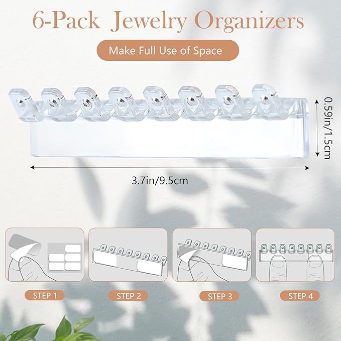 6 Pack Jewelry Organizer - Clear Wall-Mounted Holder, Easy to Install, 3.7" x 0.6", with 8 Hooks for Necklaces, Bracelets, Earrings, and Keys