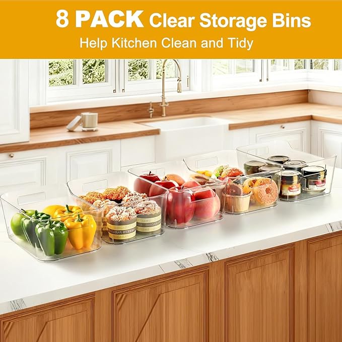 Hudgan 8 Pack Clear Pantry Organizer Bins for Kitchen, Clear Plastic Storage Bins for Bathroom, Pantry Organizer Containers for Home Edit, Drawer, Under Sink, Fridge