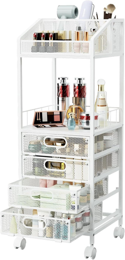 HapiRm Makeup Organizer Storage Cart - Floor Skincare Make Up Storage with 4 Drawers, Rolling Makeup Cart Vanity Organizer Cosmetics Display Cases Holder for Skin Care Perfume Nail Polish