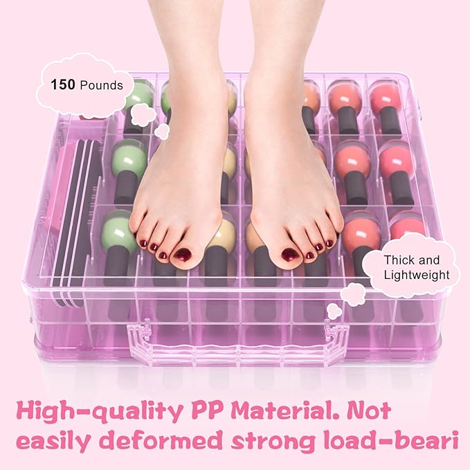 SUBAY Nail Polish Organizer Case for 48 Bottles, Double Side Nail Polish Holder for Storage Display, Portable Nail Polish Storage with 2 Toe Separators, 6 Adjustable Dividers for Space Saver, Pink