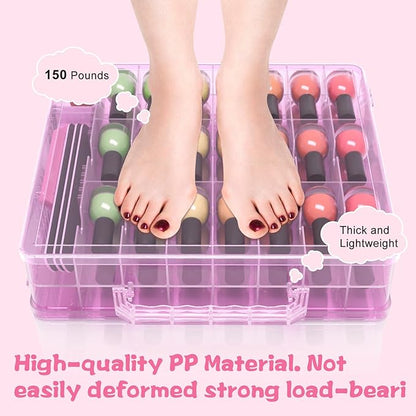 SUBAY Nail Polish Organizer Case for 48 Bottles, Double Side Nail Polish Holder for Storage Display, Portable Nail Polish Storage with 2 Toe Separators, 6 Adjustable Dividers for Space Saver, Pink