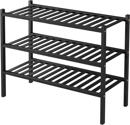 ROMGUAR CRAFT 3 Tier Bamboo Shoe Rack for Closet Free Standing Wood Shoe Shelf Storage Organizer for Entryway Small Space Stackable 27"x11"x20" (Black)