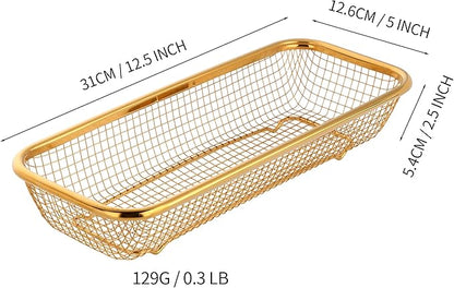 Gold Kitchen Drawer Organizer, Stackable Mesh Storage Baskets, Stainless Steel Silverware Organizer for Holding Knife Fork Spoon, 12.5"x5"x2.5", Pack of 2