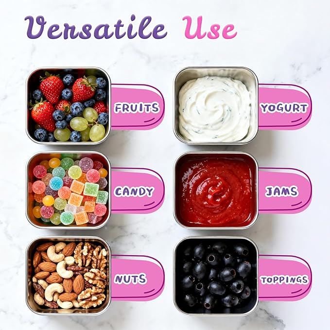 Tanjiae 6-Pack Small (6 oz) Stainless Steel Snack Containers for Kids, Easy-Open Toddler Snack Containers with Lids - Cute Dinosaur Small Stackable Metal Snack Box for Daycare, School, Travel